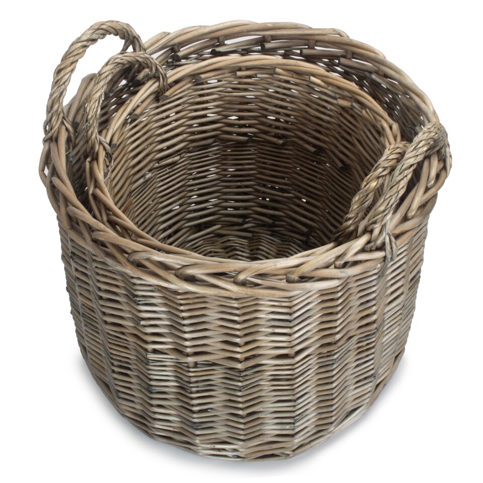 image 1 of Set of 2 Round Straight-Sided Wicker Log Storage Basket