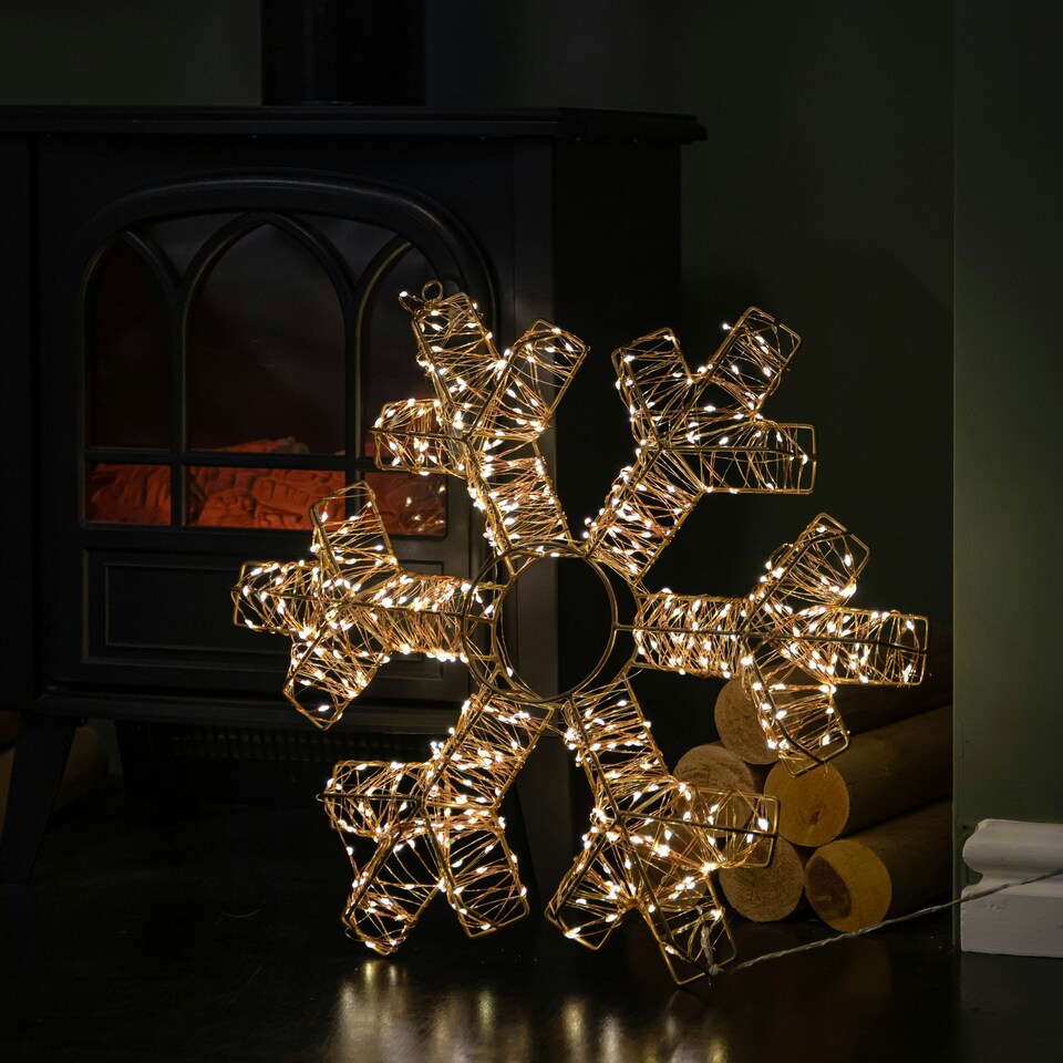 image 1 of 45cm Light up Rose Gold Metal Hanging Christmas Snowflake with 600 Warm White LEDs
