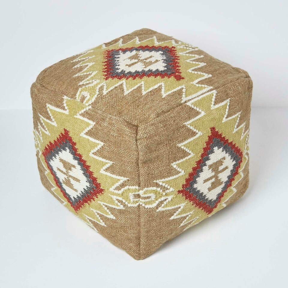 image 1 of Homescapes Jaipur Brown and Orange Kilim Footstool Handwoven Beanbag Pouffe - 43 x 43 cm