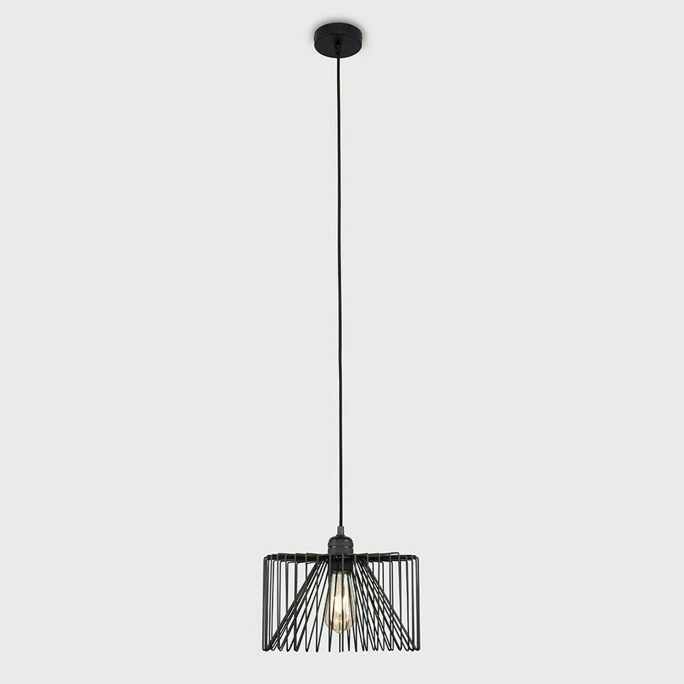 image 1 of ValueLights Casco Matte Black Pendant Light with Black Drum Shade and E27 Pear LED 4W Warm White 2700K Bulb