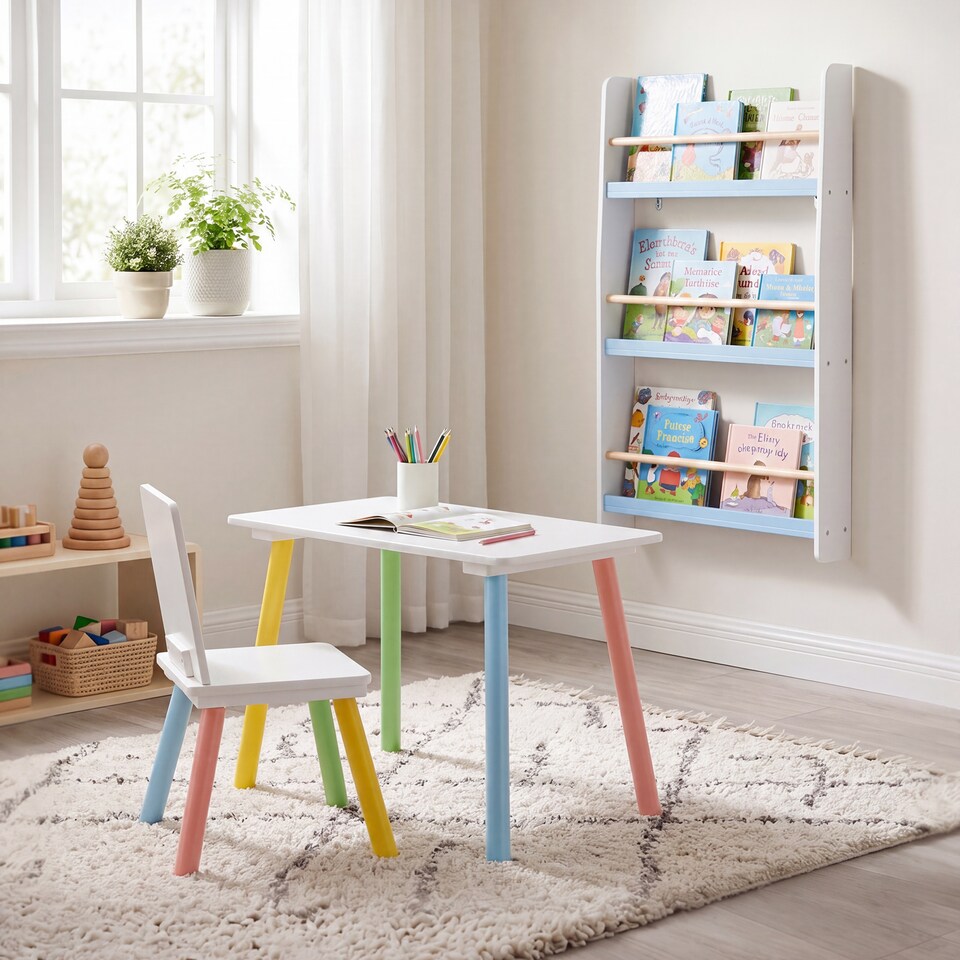 image 1 of Rainbow Table and Chair & Bookshelf Set - White & Blue