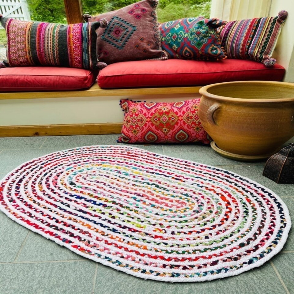 image 1 of CARNIVAL White Oval Rug with Fabric - Cotton - L90 x W150 - Multicolour Multi