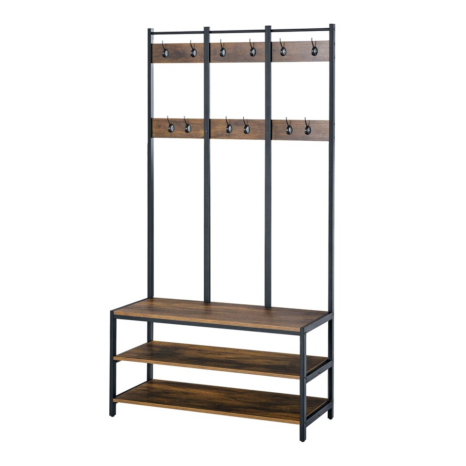 image 1 of HOMCOM Entryway Coat Rack Hall Tree Shoe Bench 3 in 1 Design Metal Storage Rack