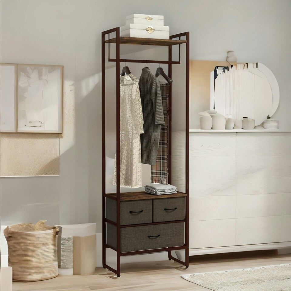 image 1 of Industrial Hall Tree Coat Rack With 3 Fabric Drawers Brown One Size