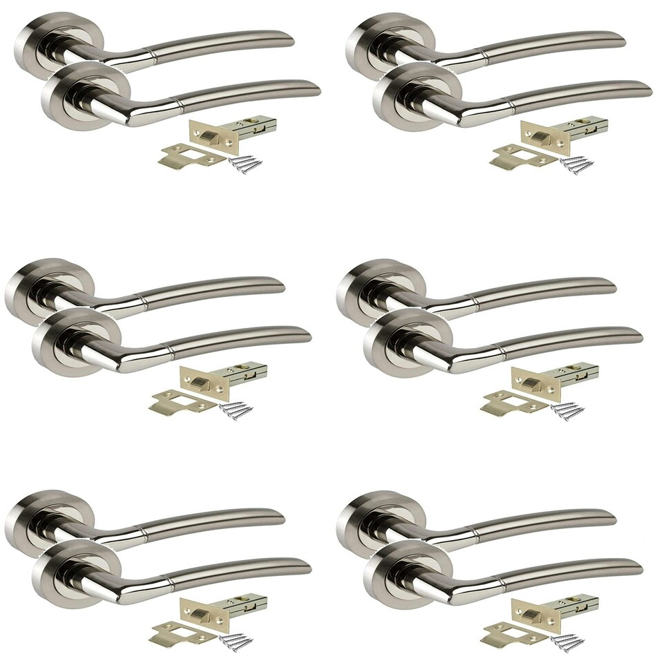 Golden Grace 6 Sets Indiana Style Modern Door Handles Lever on Round Rose in Duo Chrome Finish with 64mm Tubular Latch Grey