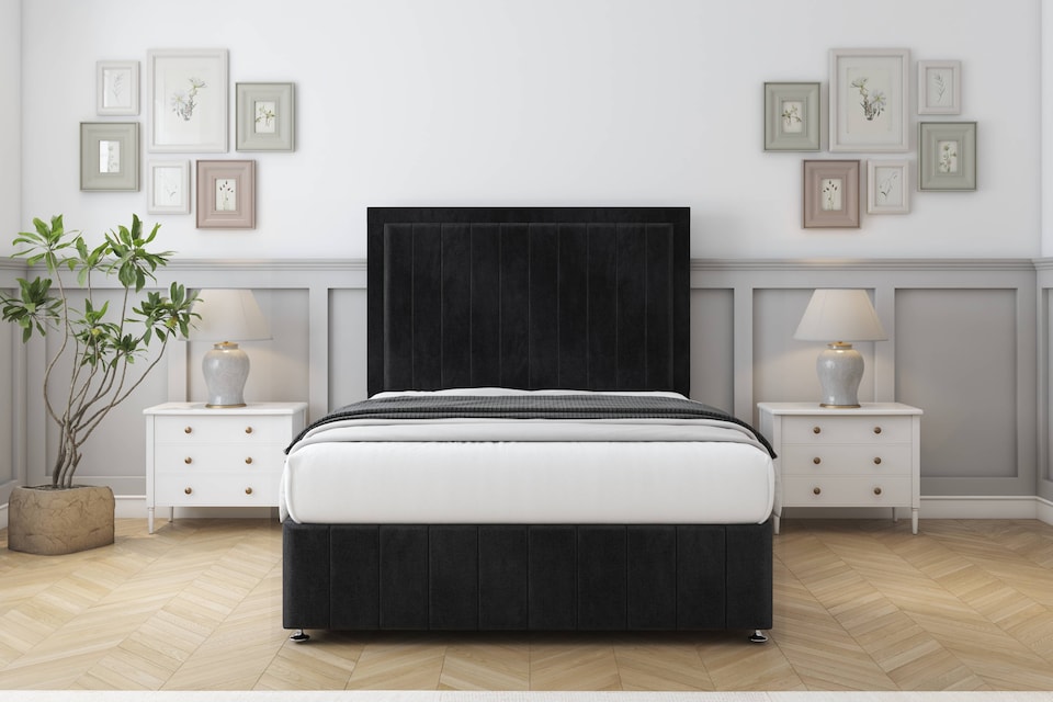 image 1 of Sloomy Pemberton Black Naples Divan Bed Base 2 Drawers Right Side With 26 Inch Strutted Headboard & 12 Inch Matching Footboard | Black | Black | Single | 1