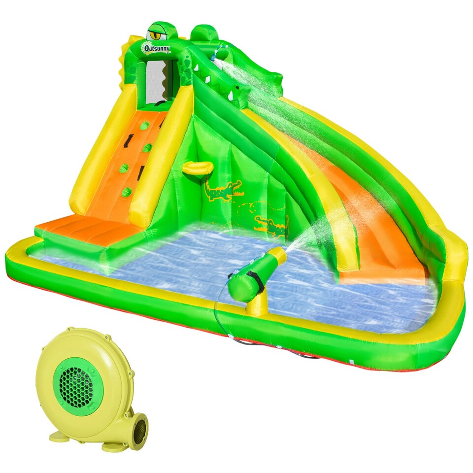 image 1 of Outsunny Kids Bouncy Castle with Slide Pool Basket Gun Climbing Wall W/ Blower