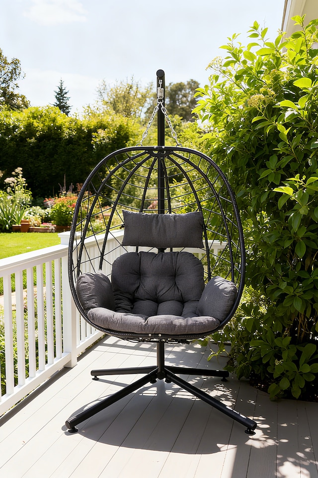 image 1 of Living and Home Swing Hanging Egg Chair with Cushion and Pillow, Black | Black | Cushion & Headrest Colour: Dark Grey | One Size