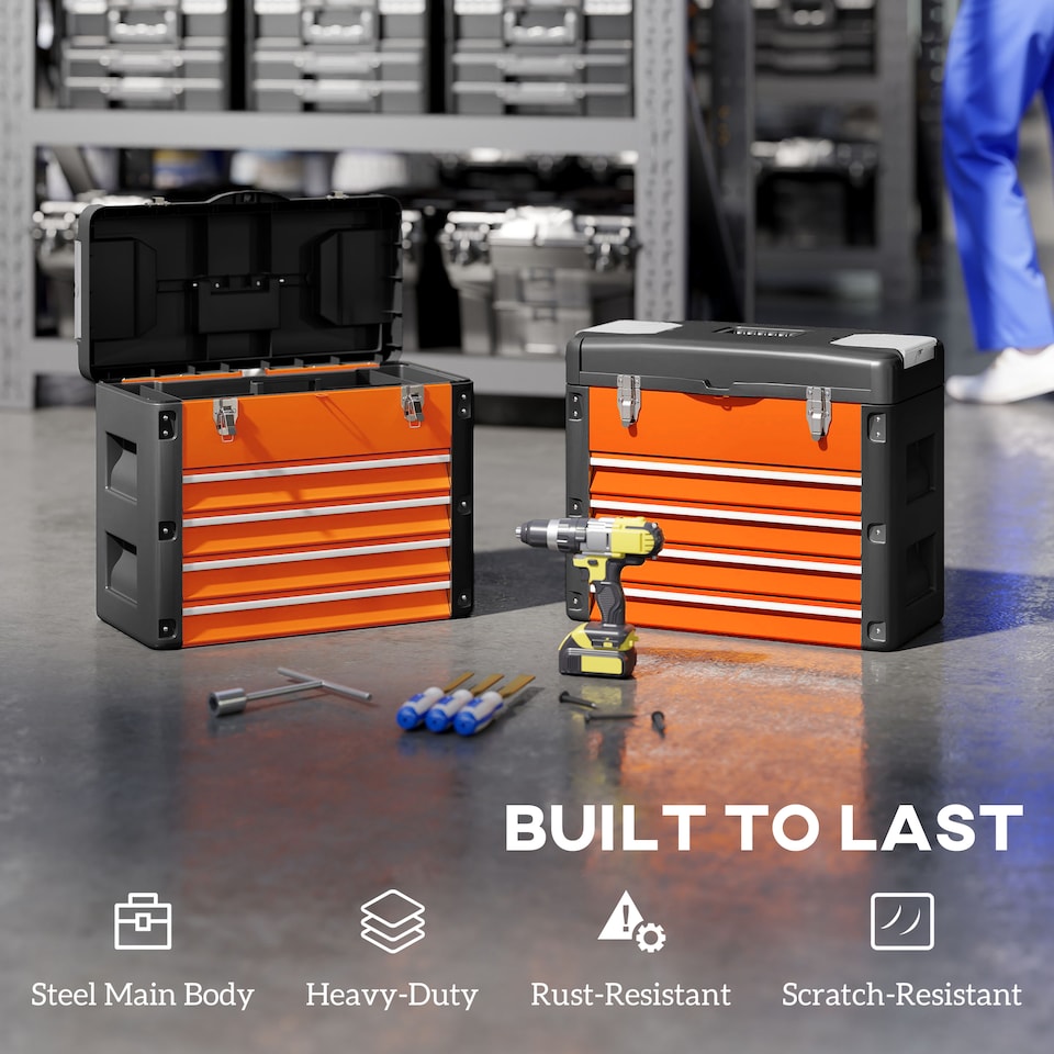 image 1 of HOMCOM 4 Drawers Large Tool Box, Powder Coated Steel Toolbowith Top Tray, Mini Parts Boxes, Ball Bearing Runners, Handle, Heavy Duty Tool Chest for Workshop, Garage, 497mm 253mm 407mm, Orange | Orange | Black | 1