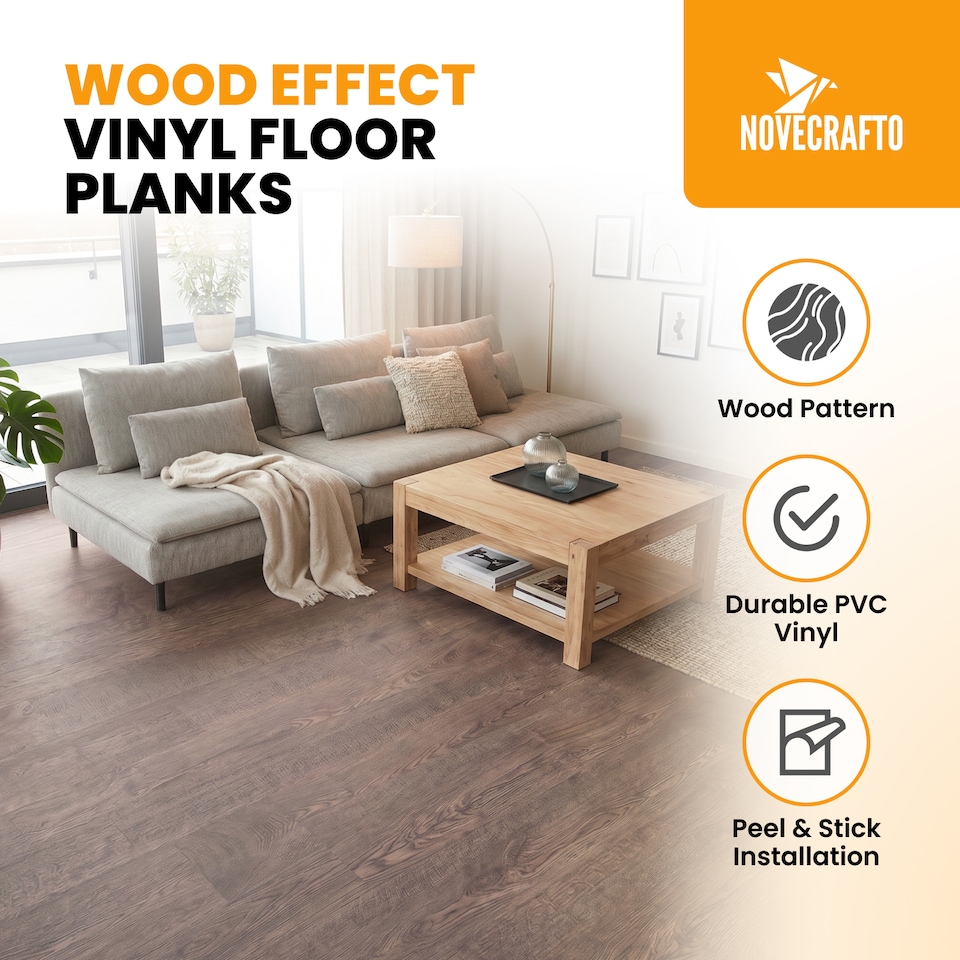 image 1 of NOVECRAFTO Self Adhesive Vinyl Floor Planks – Peel & Stick Flooring – Dark Brown Oak Effect – Easy DIY Installation – Durable & Waterproof Tiles | Brown | 1.39 sqm