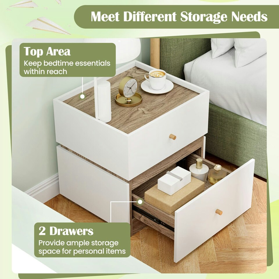 image 1 of COSTWAY 2-Drawer Nightstand Bedside Table with Storage White