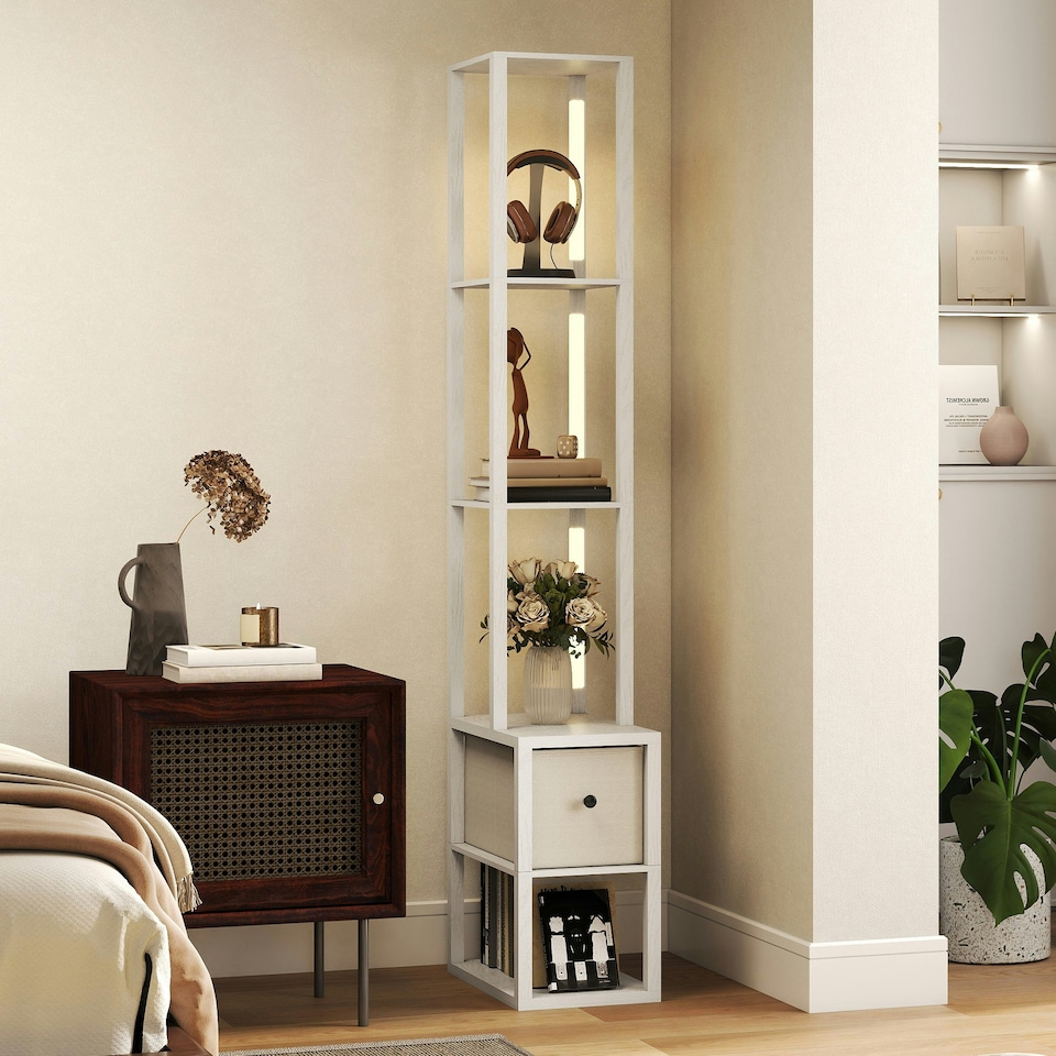 image 1 of HOMCOM Floor Lamp with Shelves, LED Standing Lamp with Fabric Drawer, White White