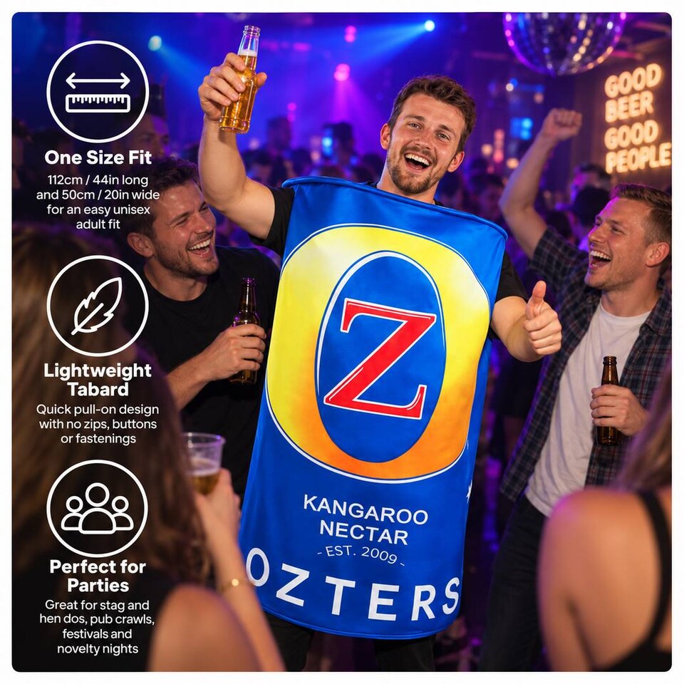 image 1 of Adults Beer Can Costume Novelty Lager Tabard Kangaroo Stag and Hen Party Fancy Dress Outfit