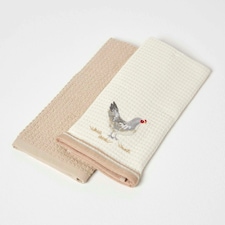 Homescapes Rooster Waffle Cotton Tea Towels - Set of 2 | Cream | One size | 2