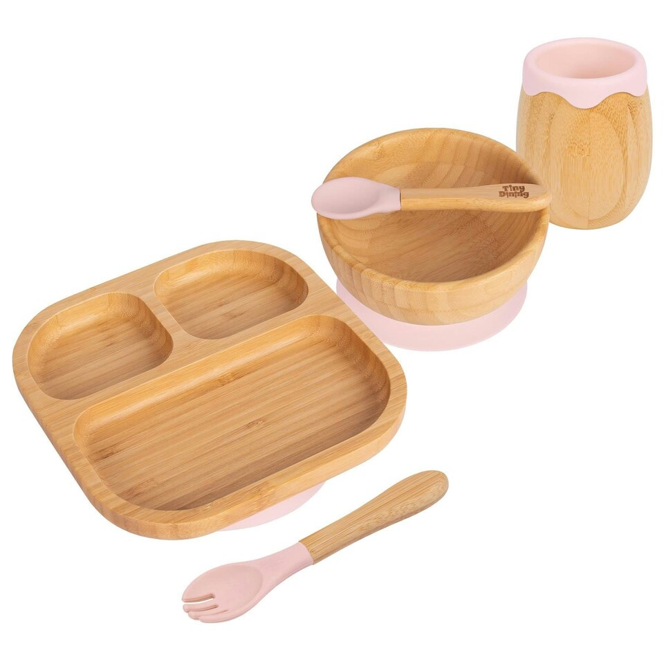 image 1 of Tiny Dining 5pc Bamboo Segmented Baby Weaning Set - Pastel Pink
