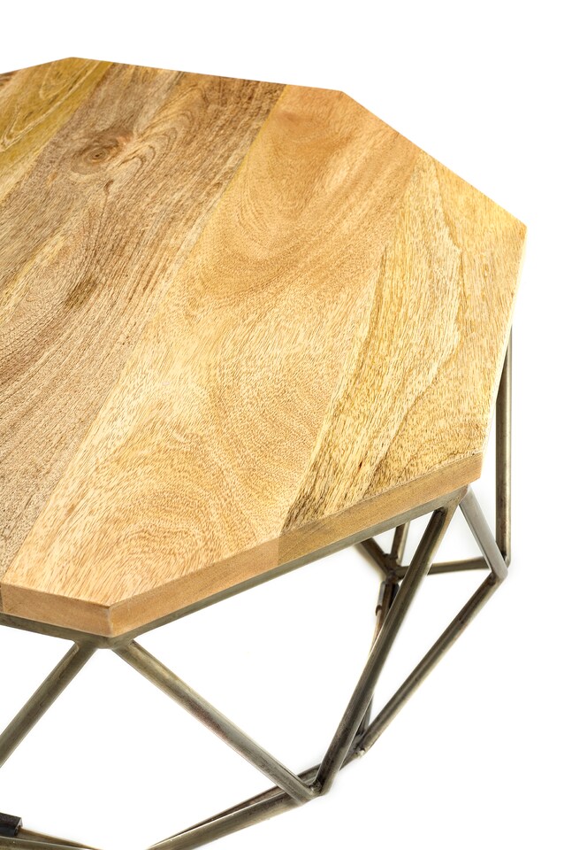 image 1 of Solid Mango Wood Coffee Table Grey Gun Metal Frame Fully Assembled Oak Finish 38 x 67 x 67cm