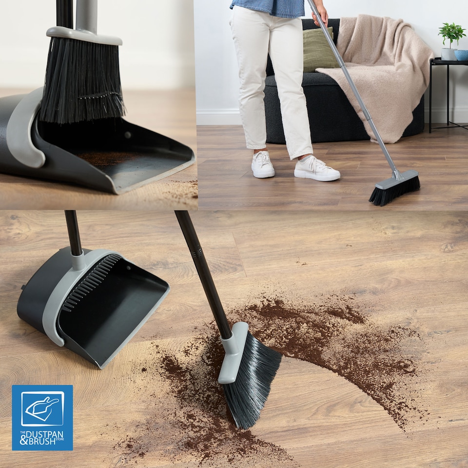 image 1 of Indoor Soft Bristle Broom & Swivel Dustpan Set Long Handle Cleaning Kit