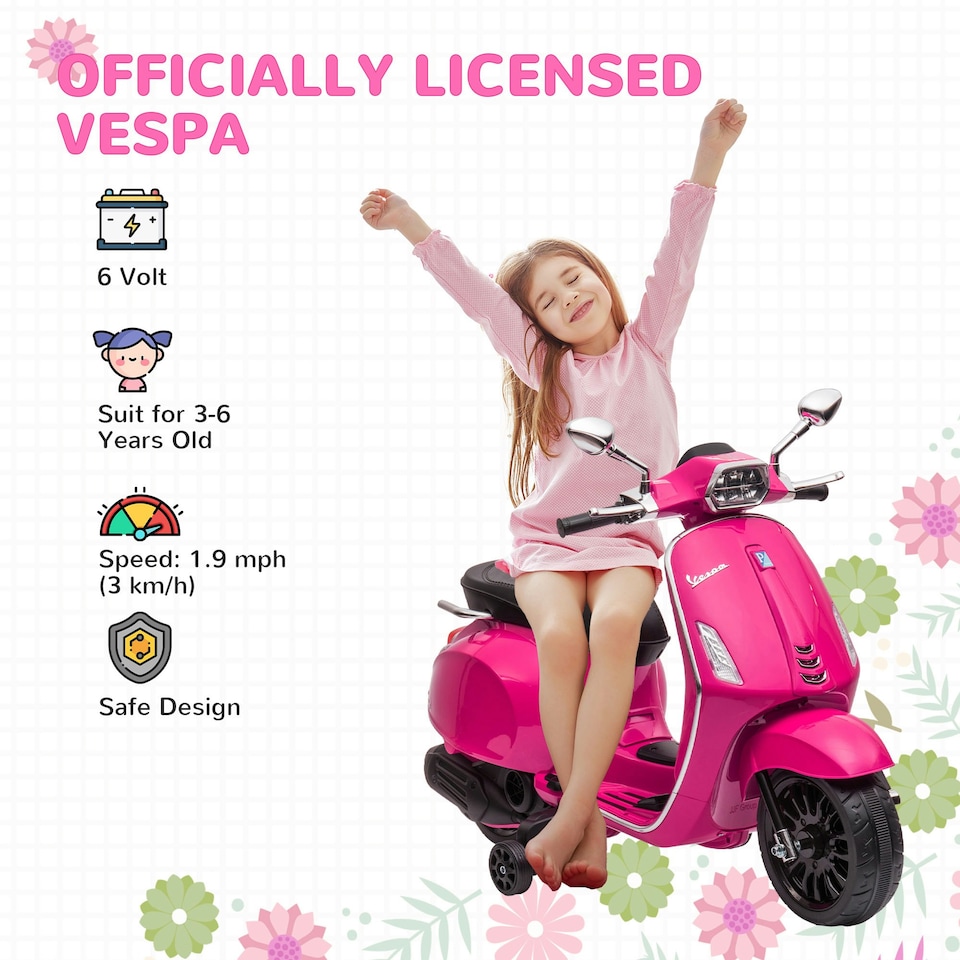 image 1 of AIYAPLAY Vespa Licensed 12V Kids Electric Bike w/ 2 Training Wheels, Pink