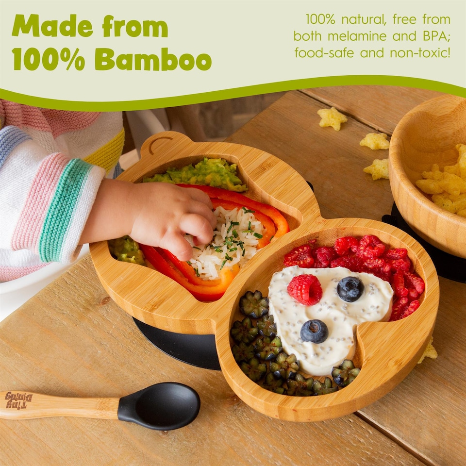 image 1 of Tiny Dining 3pc Bamboo Suction Feeding Set - Penguin/Red - Divided Non-Slip Bamboo Baby Self-Feeding Dining Weaning Set