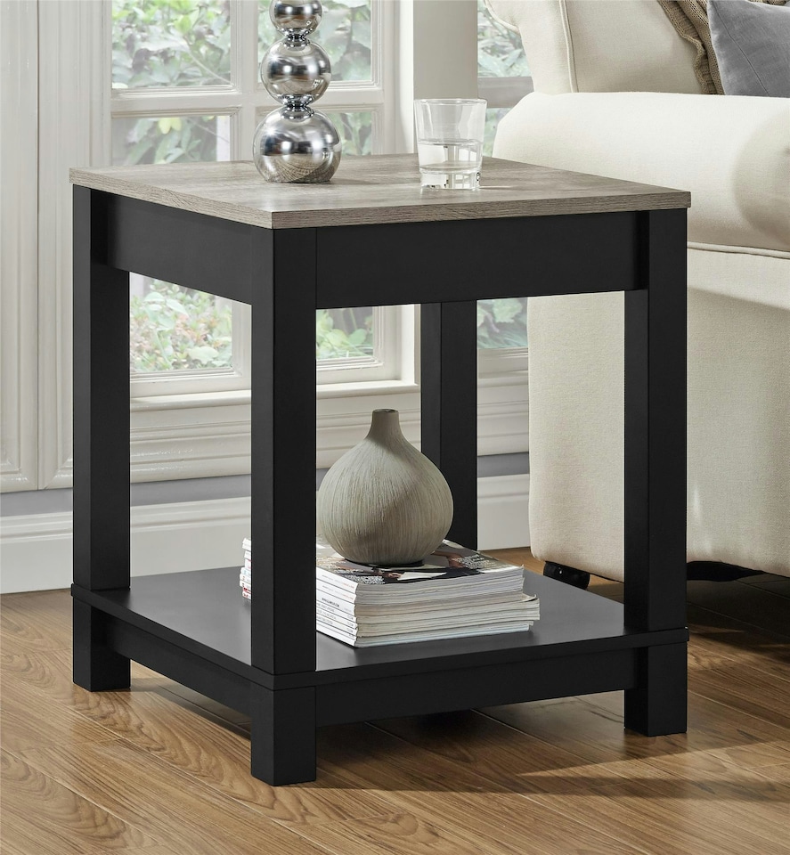 image 1 of Carver end table with 1 shelf in black / distressed woodgrain | Black | Black