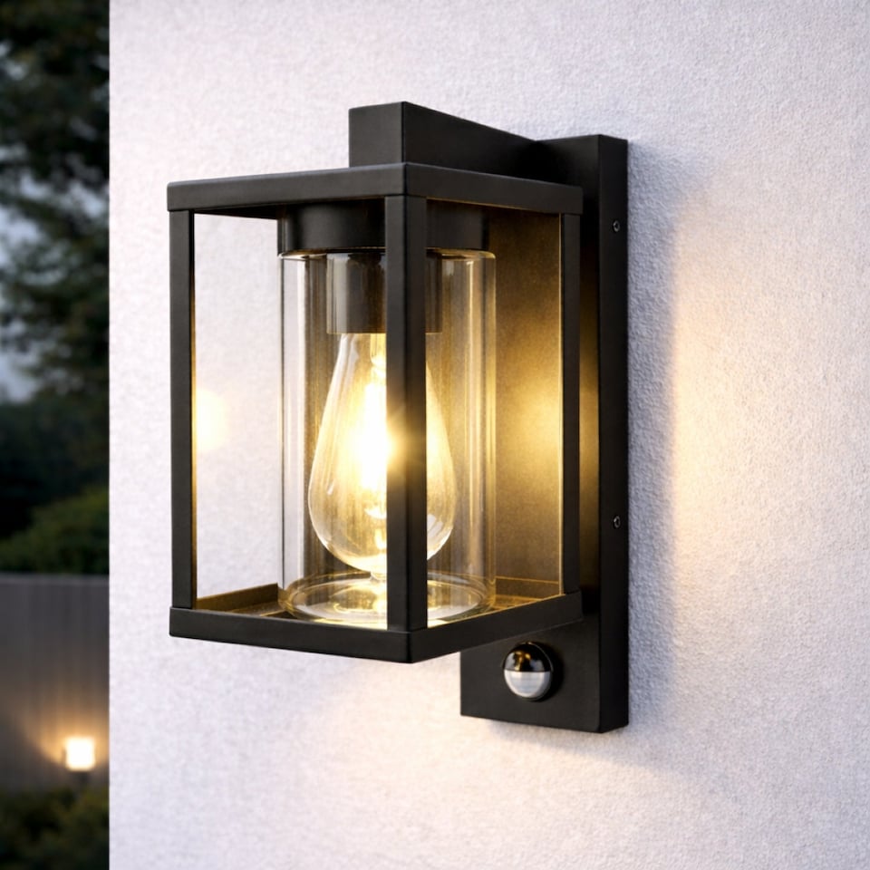 image 1 of CGC ABEL Matt Black Box Lantern Wall Light with PIR Motion Sensor
