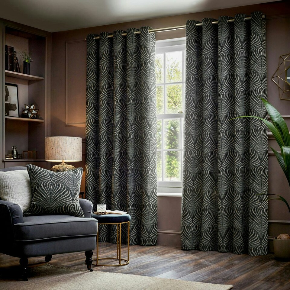 image 1 of Paoletti Gatsby Jacquard Black Eyelet Curtains 117 x 183cm