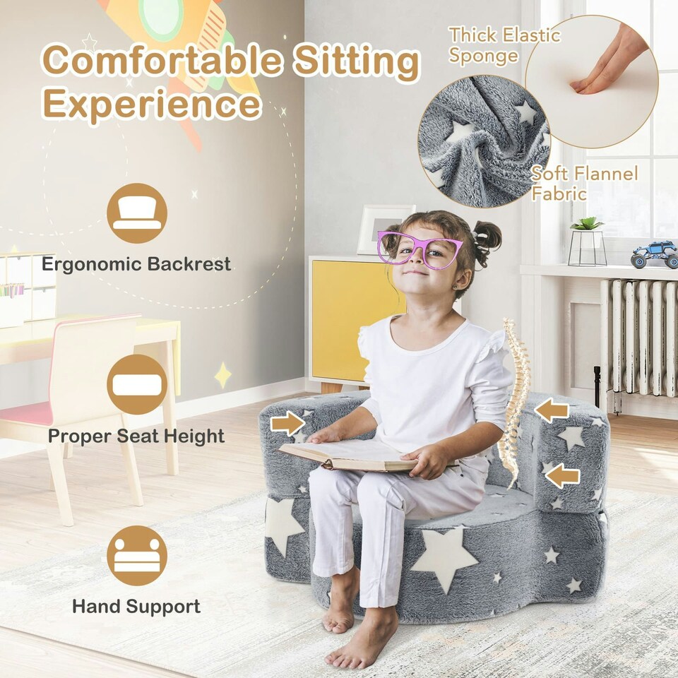 image 1 of COSTWAY Kids Plush Couch Toddlers 2 in 1 Sofa Play Mat | Grey | Chair