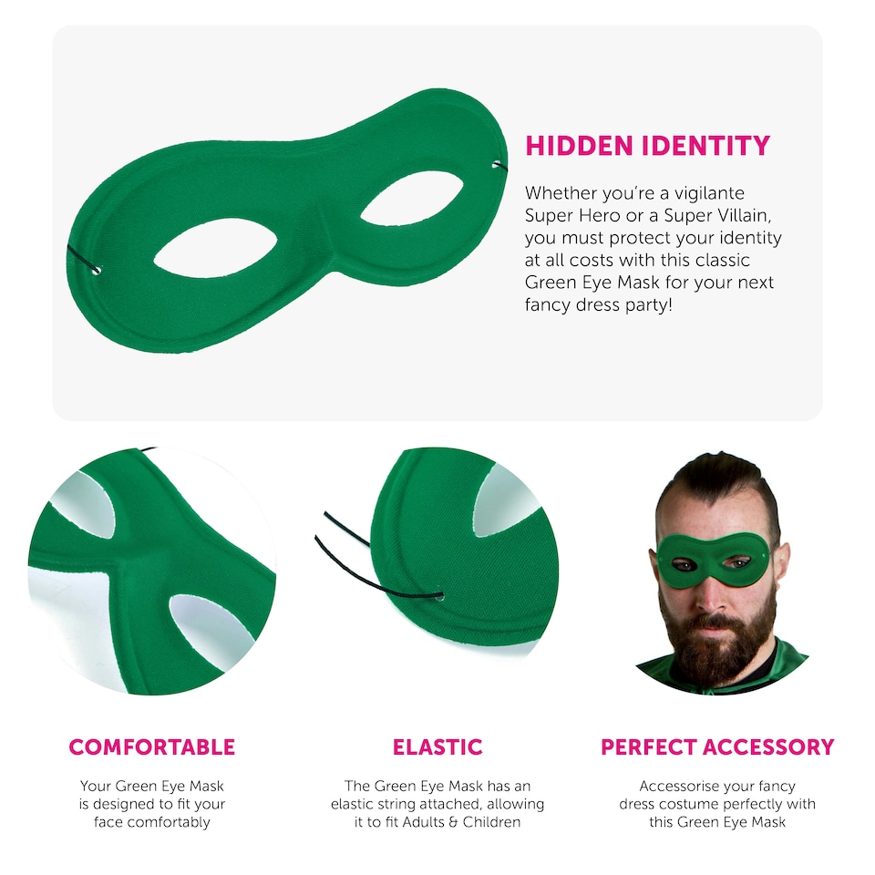 image 1 of Green Eye Mask on Elastic – Fancy Dress Accessory for Superheroes, Costumes & Parties Green | One Size