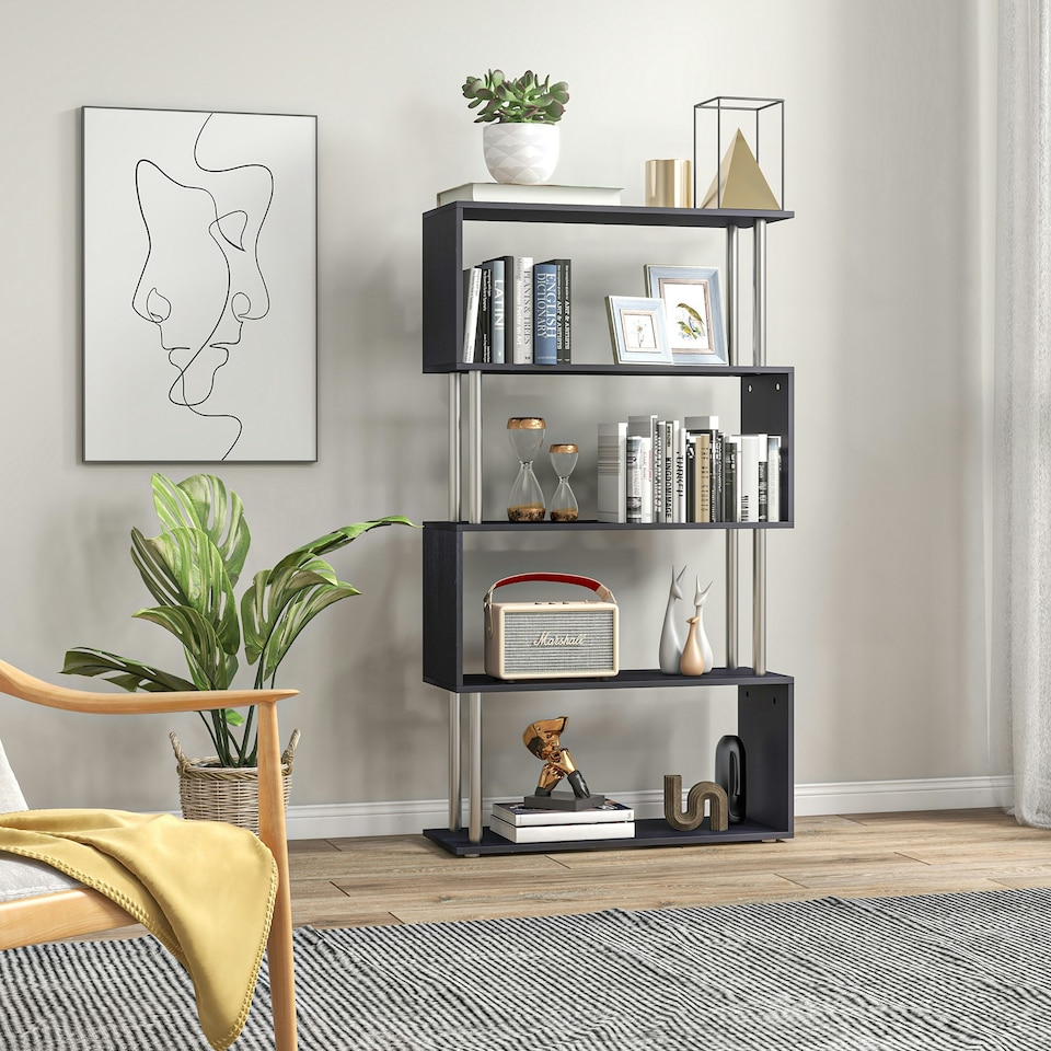 image 1 of HOMCOM Wooden Storage Display Unit Bookshelf Bookcase Dividers S Shaped Black