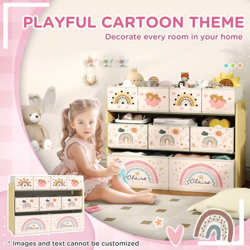 image 1 of AIYAPLAY 3-Tier Toy Organiser Shelf with 9 Storage Boxes for Bedroom Yellow