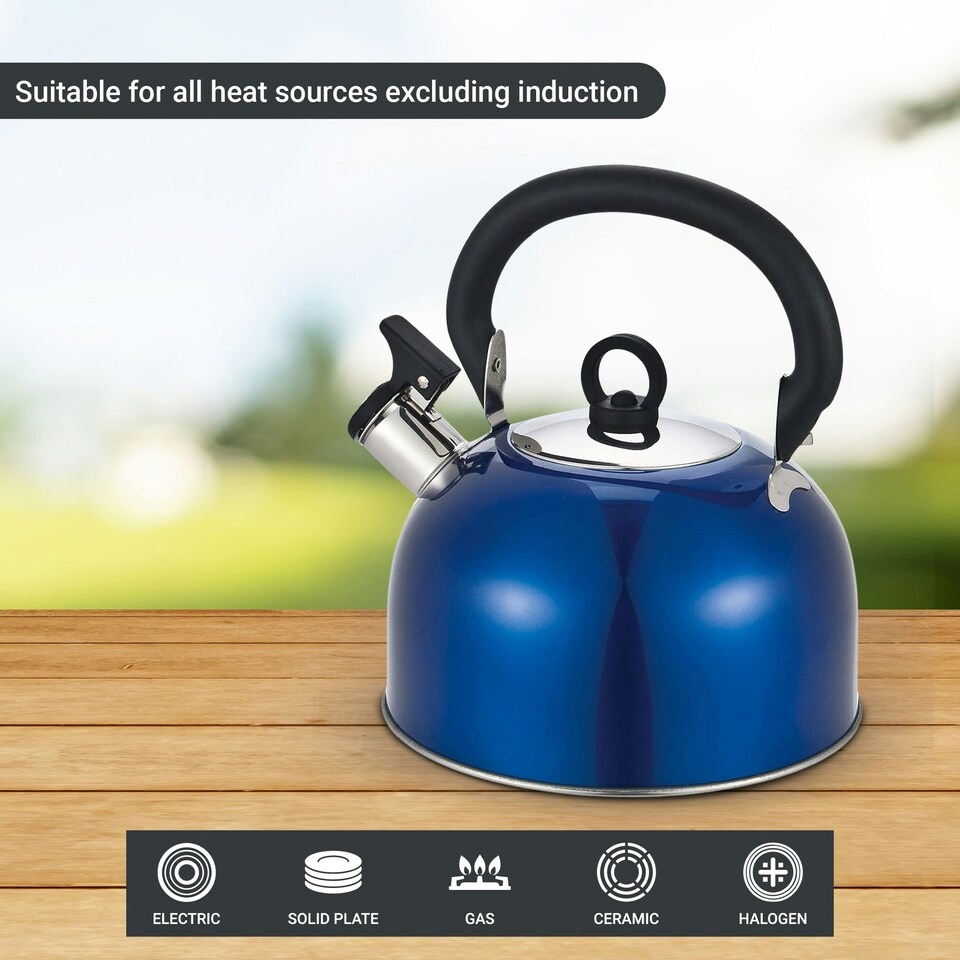 image 1 of Buckingham Stainless Steel Camping Whistling Kettle 2.5 Litre , Metallic Blue