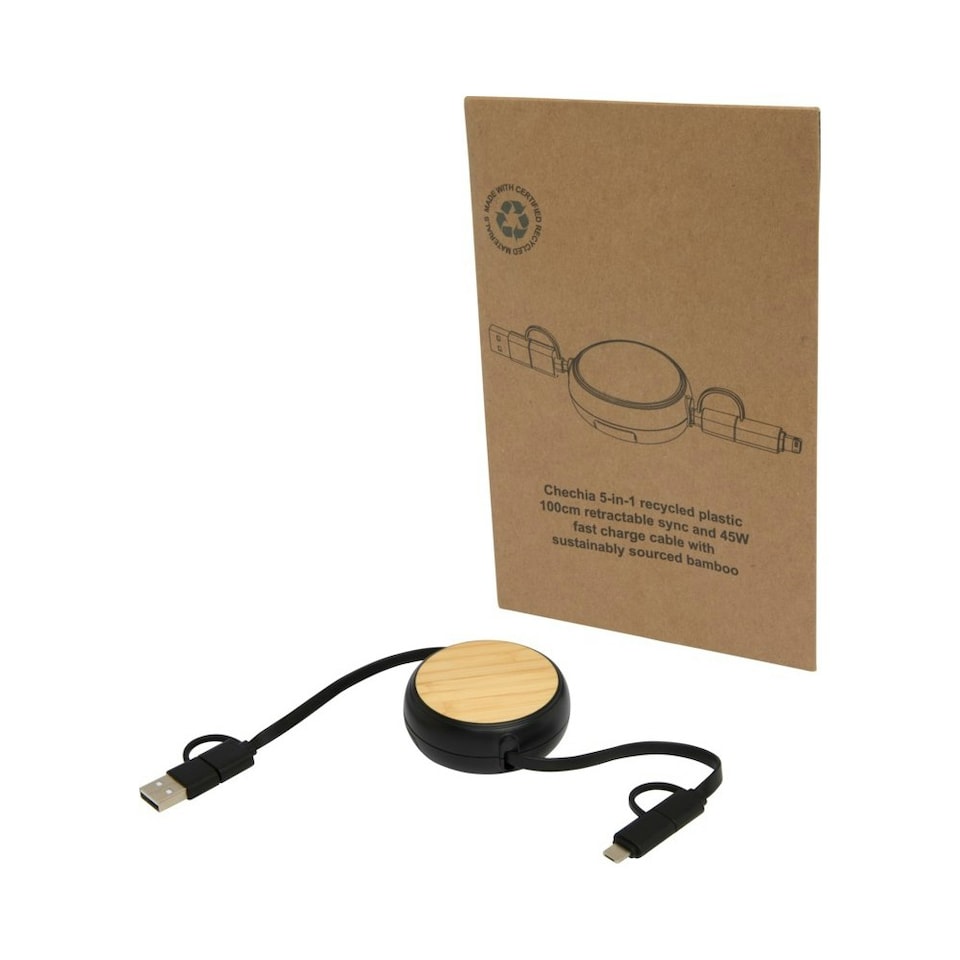 image 1 of Chechia Recycled Plastic 5 in 1 Retractable Connector Cable - Solid Black - One Size