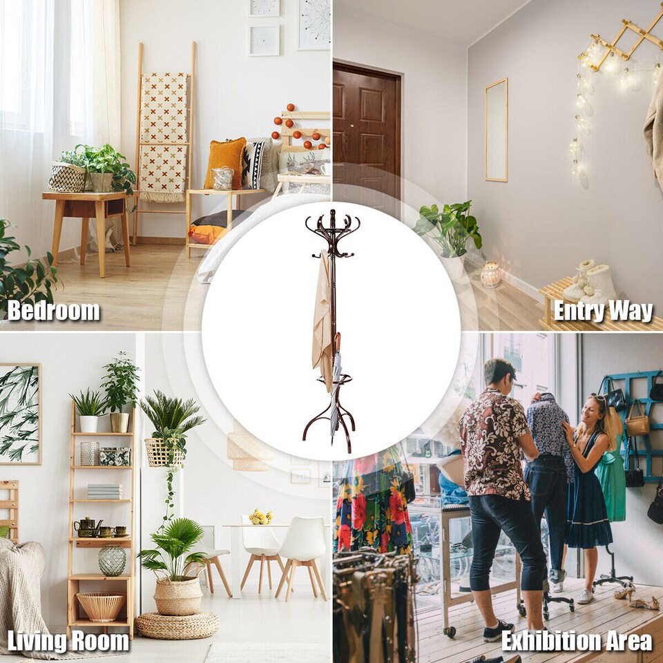 image 1 of COSTWAY Wooden Rotating Coat Hat Hanger Free Standing Hallstand Umbrella Stand 12 Hooks