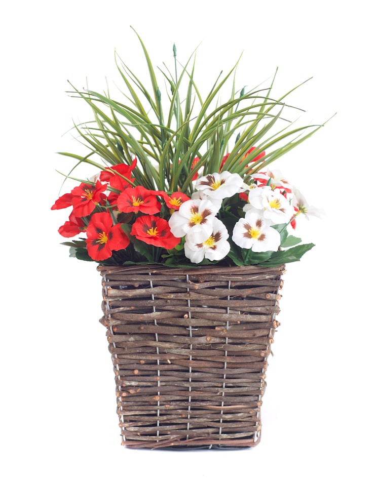image 1 of Best Artificial Pre-Made 44cm Red & White Pansy Flowers in Rattan Wicker Planter Pot - Suitable For Outside Use | Red | Red and White | 1
