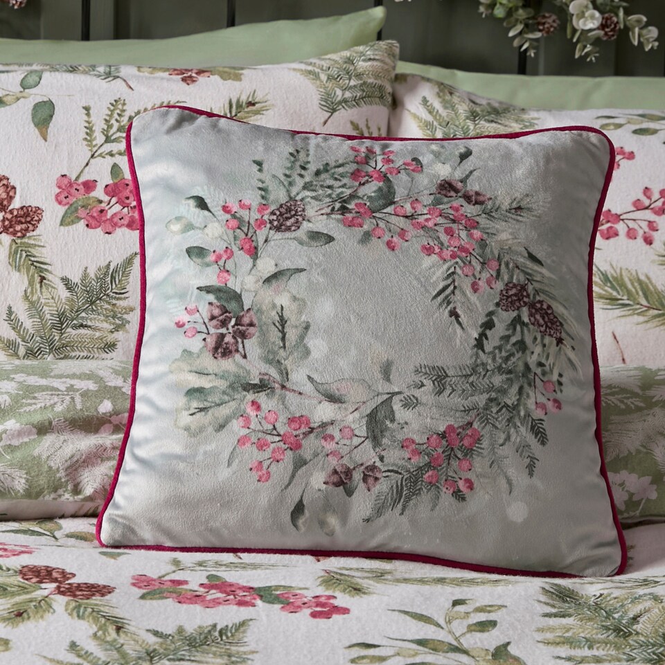 image 1 of D & D Winter Sprigs Filled Cushion Green
