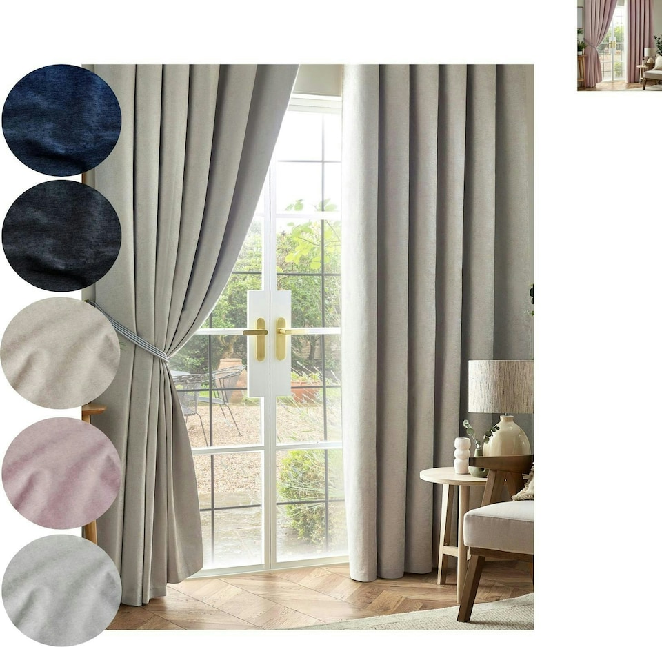 image 1 of Chenille Blackout Pencil Pleat Taped Top Curtains - 117cm x 137cm - Silver