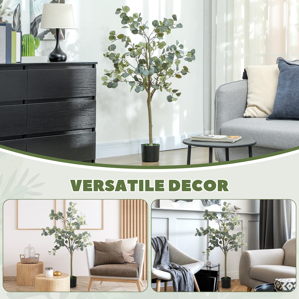 image 1 of HOMCOM Decorative Artificial Tree, 5ft 150cm Silk Eucalyptus Tree with 230 Silver Dollar Leaves in Pot, Fake Plant for Home, Office, Living Room, Indoor Decor | Green