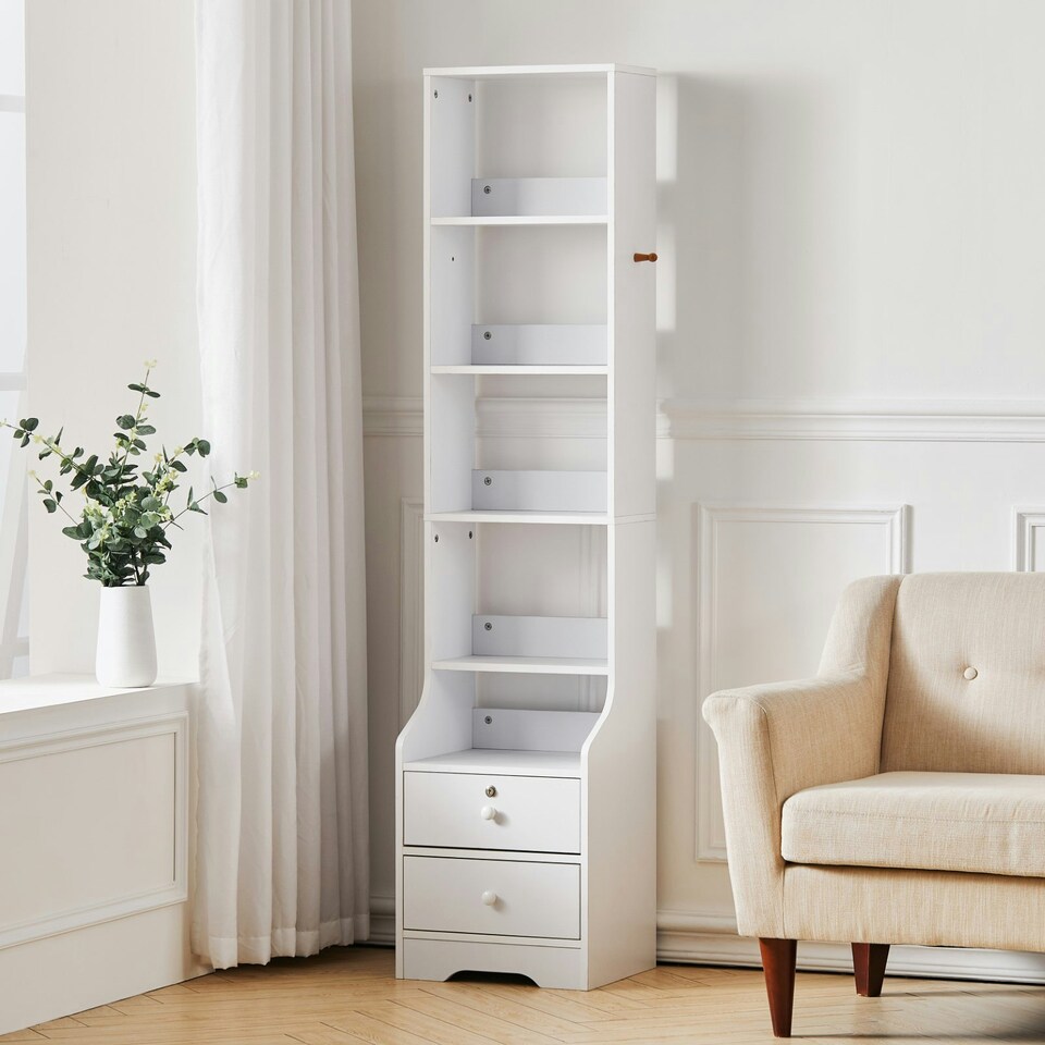 image 1 of Living and Home 5-Tier Slim Storage Shelving Unit with Lockable Drawer - White