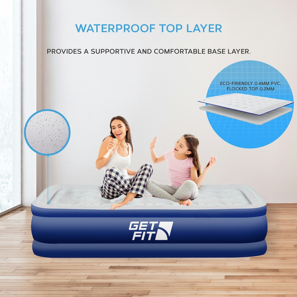 image 1 of Get Fit Air Bed with Built In Electric Pump - Single Size - Blow Up Bed with Free Pillow - Elevated Inflatable Air Mattress for Outdoor, Camping- Navy/White