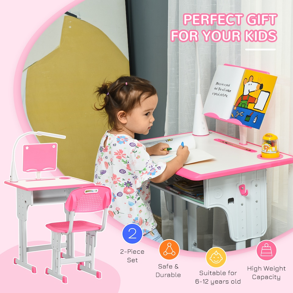 image 1 of HOMCOM Kids Desk and Chair Set with Drawer, Book Stand, Pen Slot