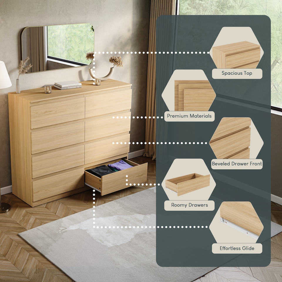 image 1 of Vida Designs Denver 8 Drawer Chest of Drawers Bedroom Storage, Pine