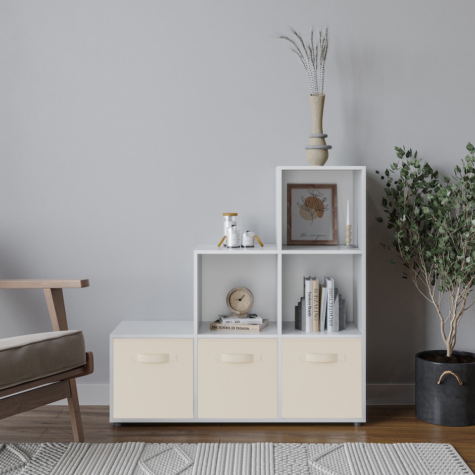 image 1 of 6-Cube Step Shelving Unit With Non Woven Inserts | White | White & Cream | 1