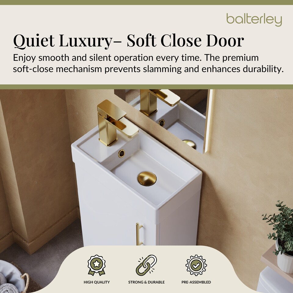 image 1 of Wall Hung Vanity Basin 400mm Gloss White & Brushed Brass Handle | White | Gloss White | 781 x 400 x 222mm