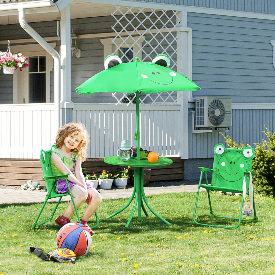 image 1 of Outsunny Foldable Patio Kids Metal Picnic Table w Frog Umbrella Green 4-piece