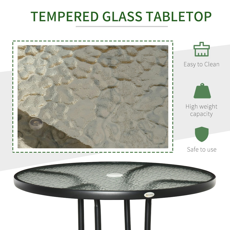 image 1 of Outsunny Outdoor Round Dining Table Tempered Glass Top with Parasol Hole