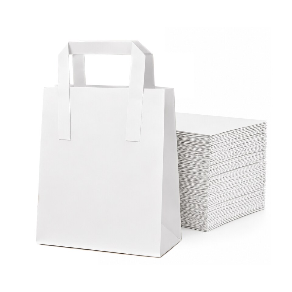 image 1 of ECONX White Kraft Paper Bags With Handles Medium Size SOS Takeaway Grocery Party Carrier Bags x 100pc