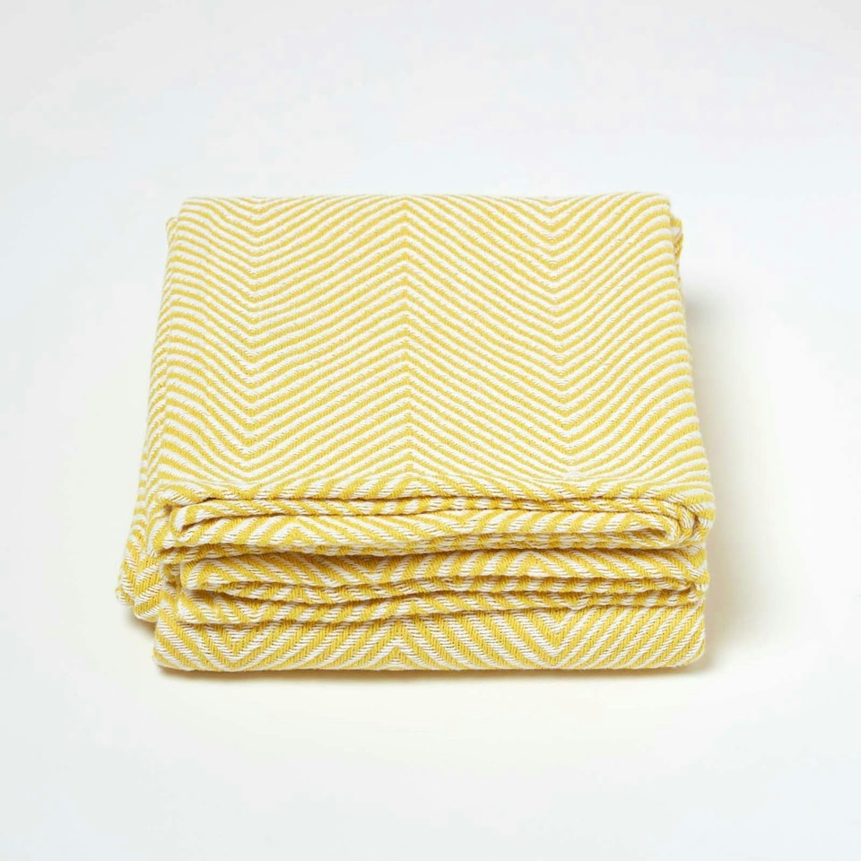 image 1 of Homescapes Cotton Halden Chevron Yellow Throw - 225 x 255 cm | Multi