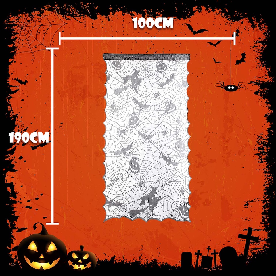 image 1 of vfm-estore Halloween Witch & Pumpkin Door Curtain - Grey, 190cm x 100cm