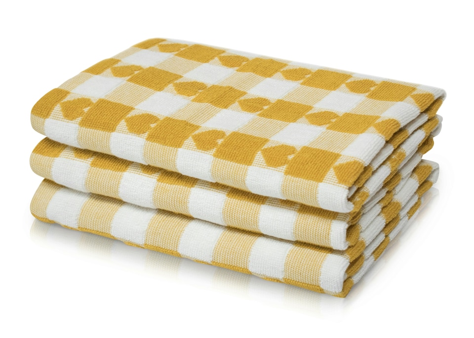 image 1 of Velosso Hearts Check Cotton Tea Towel 3 Pack | Yellow | Ochre | One size