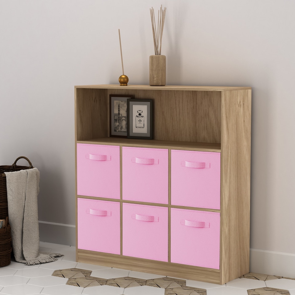 image 1 of Wide 7-Cube Bookcase With Drawers | Brown | Oak & Light Pink | 1